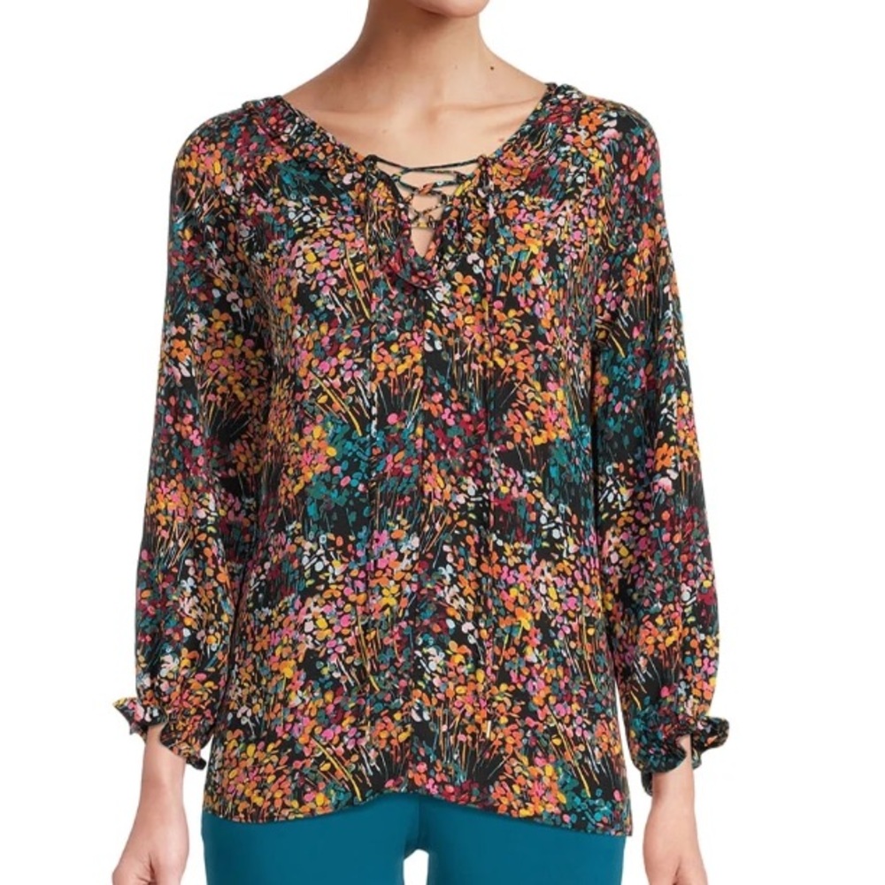 The Pioneer Woman Lace Up Neck Blouse Multicolor Floral Black Onyx Plus Size